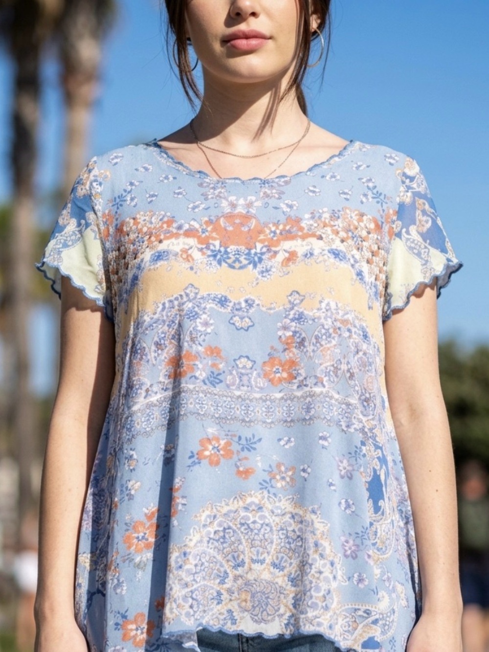 Love Kyla Vintage Short Sleeve Blue & Yellow Summer Sheer lightweight Top